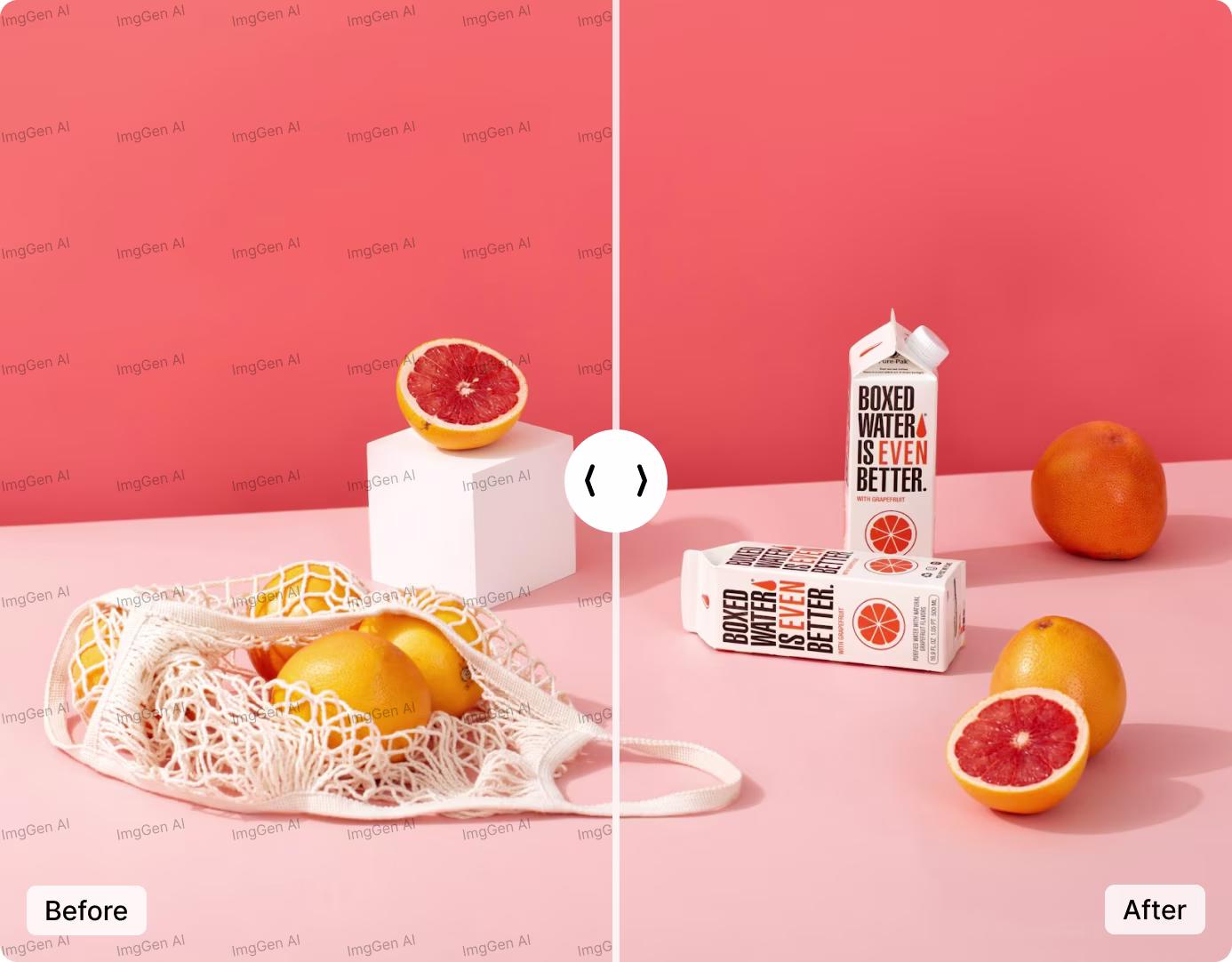 Before and after comparison: left half shows a photo with a watermark overlay, right half shows the same photo with the watermark cleanly removed