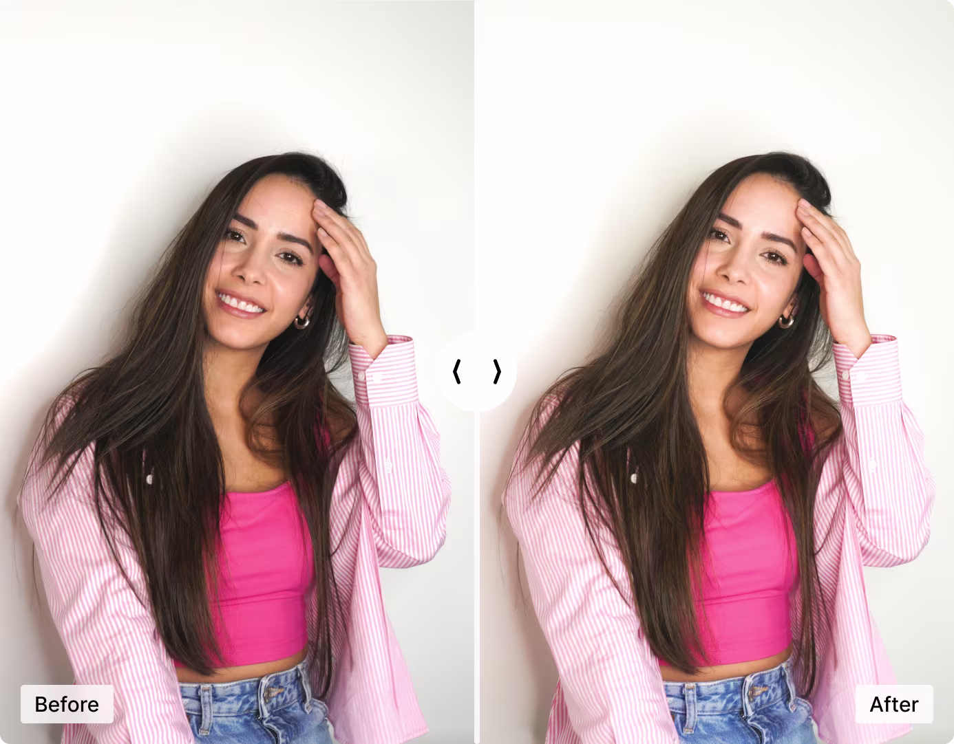 Portrait before and after AI retouching — skin smoothed, blemishes removed, eyes brightened